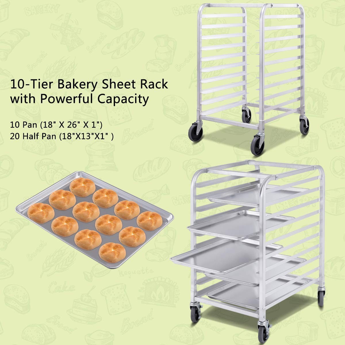 10 Tier Aluminum Bakery Rack, Commercial Kitchen Bun Pan Sheet Pan Rack, Mobi…