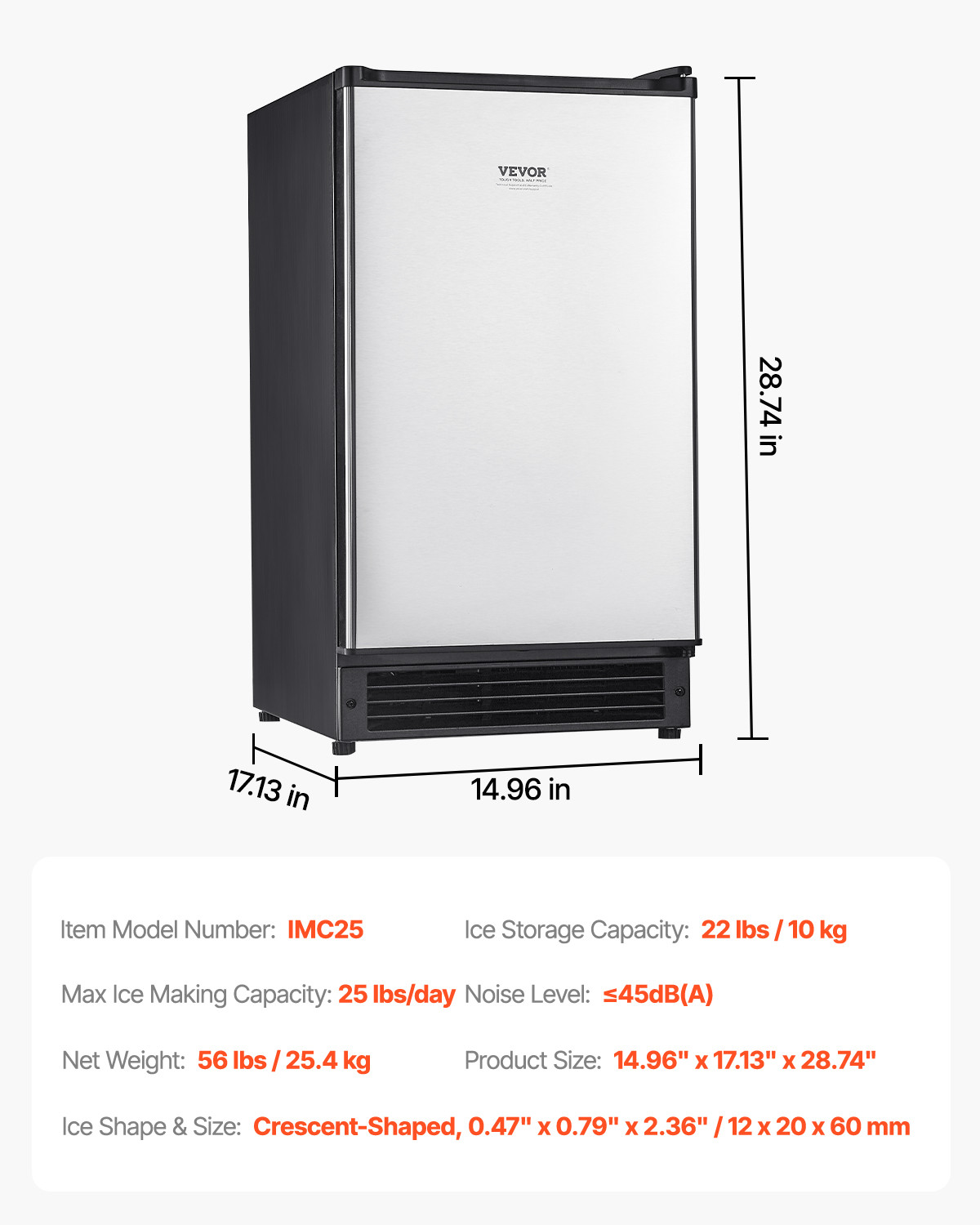 VEVOR Undercounter Ice Maker 25 Lbs/Day Built-in Ice Maker Machine