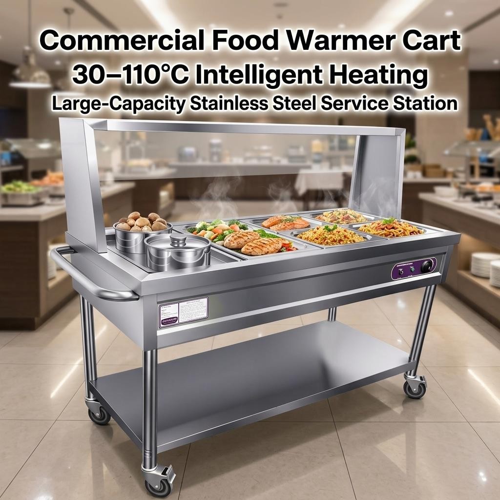 Commercial Food Warmer, 5 Pans + 2 Pots Electric Steam Table with Wheels