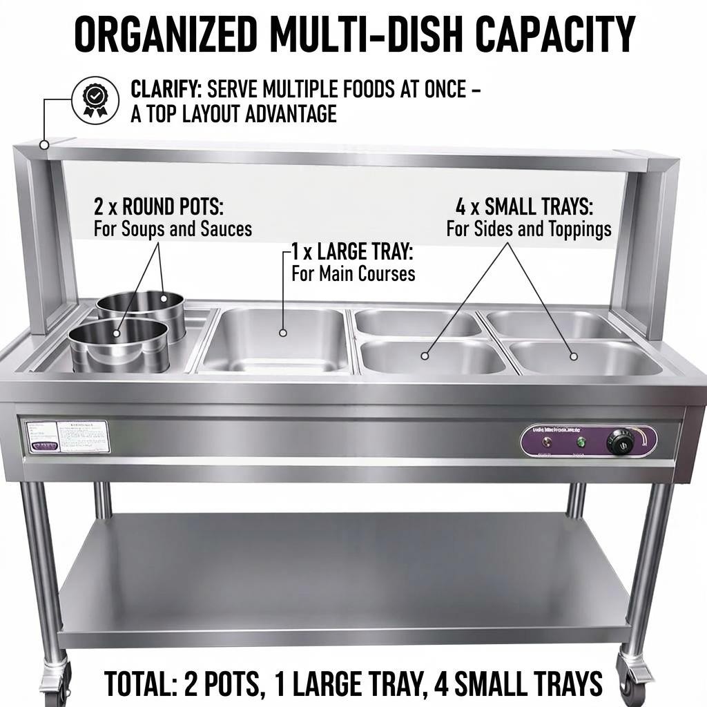Commercial Food Warmer, 5 Pans + 2 Pots Electric Steam Table with Wheels