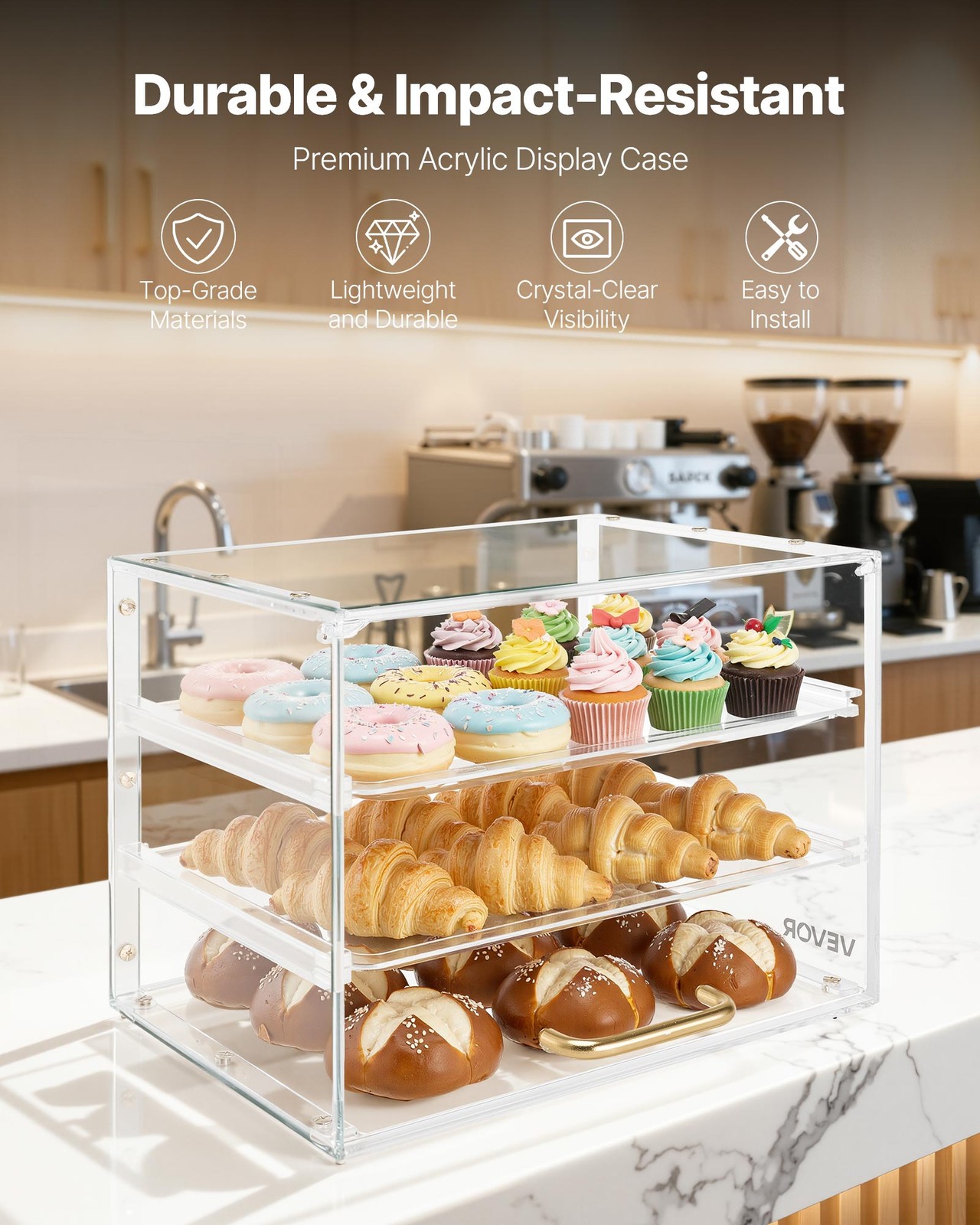 VEVOR Bakery Display Case Acrylic Countertop Pastry Case 3-Tier Flip-Up Door
