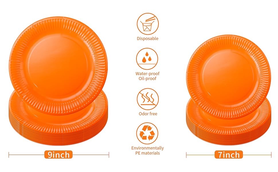 210pcs Orange Paper Plates Disposable Tableware Party Supplies- Includes 9″