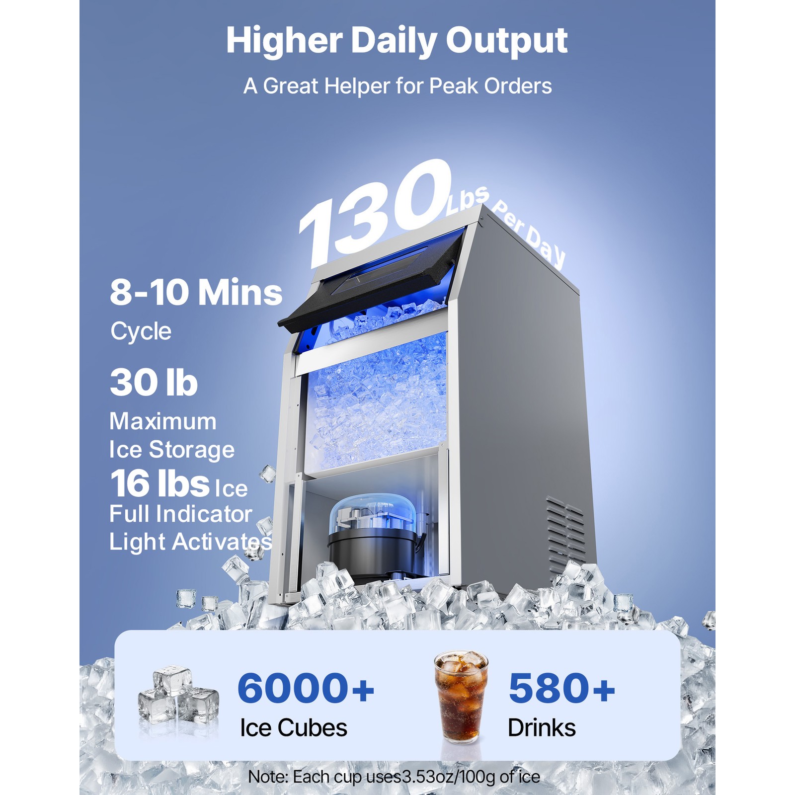 Uimoso 130lb/24h Commercial Ice Maker Freestanding Ice Cube Machine 30lb Storage