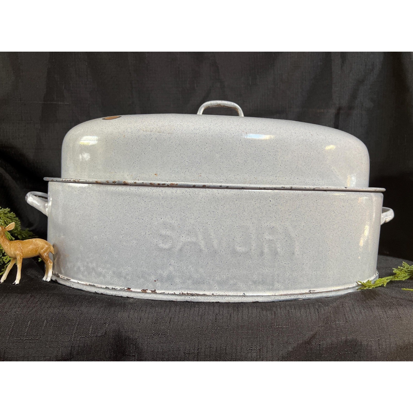 Blue Enamel SAVORY Roasting Pan Farmhouse Rustic Turkey Roaster Thanksgiving