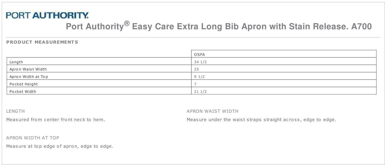 Port Authority Extra Long Bib Apron 3 Front Pockets Stain Release M-A700