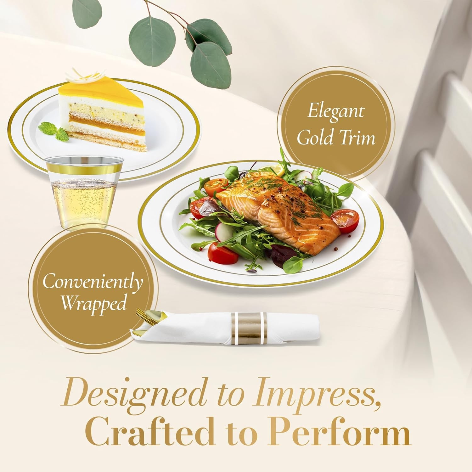 Plastic Plates for Party | 210 Pieces | White w/Gold Rim | Plates and Napkins