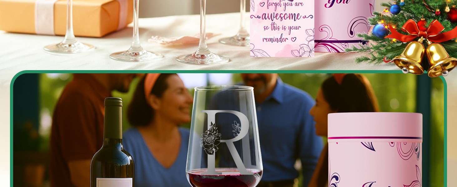 Personalized Wine Glasses with A-Z Custom Initials, Monogram Birthday Wine Gifts
