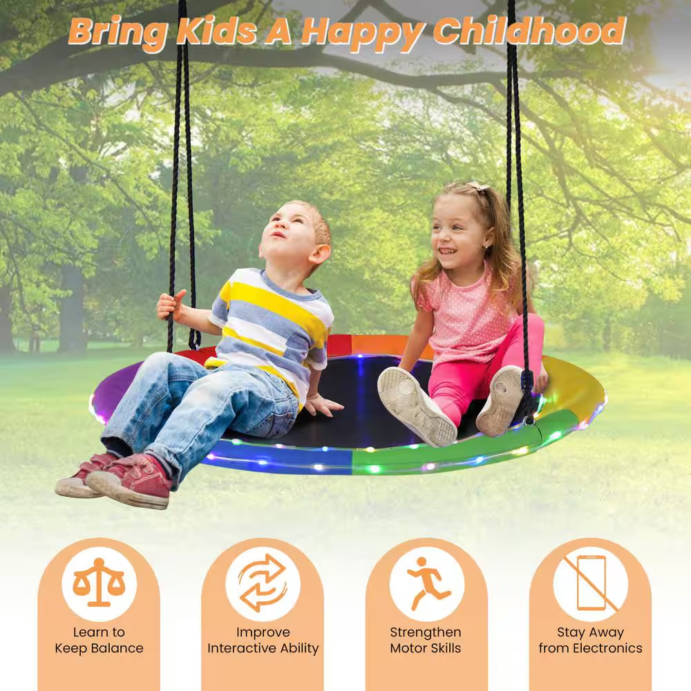 40 In. Saucer Tree Swing 660 Lbs. for Kids Adults Outdoor with LED Lights Rainbo