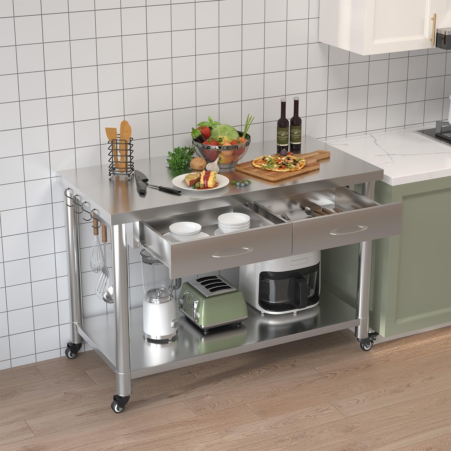 48″x24″ Stainless Steel Work Table with Drawers, Rolling Workbench for Kitchen
