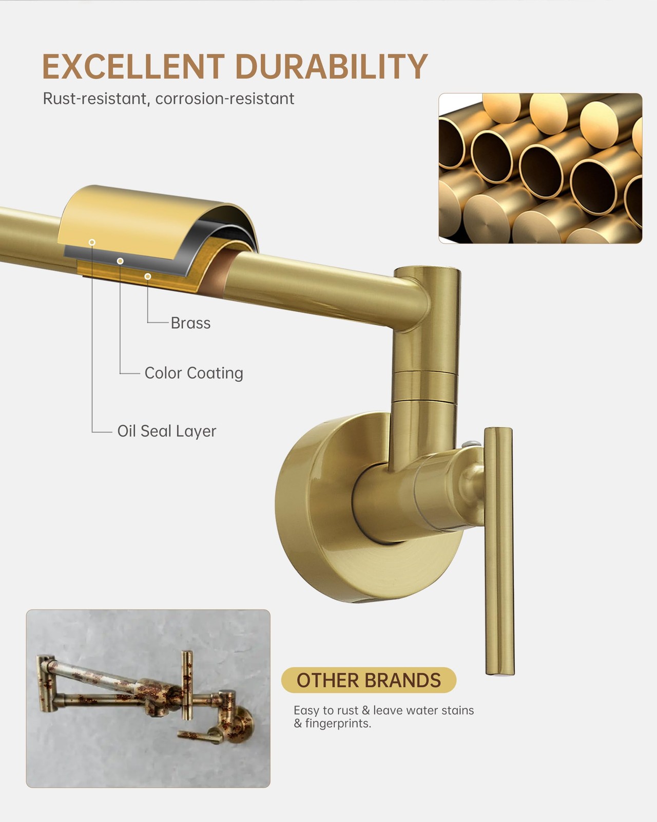 Fransiton Brushed Gold Pot Filler Pot Filler Faucet Wall Mount Brass Folding