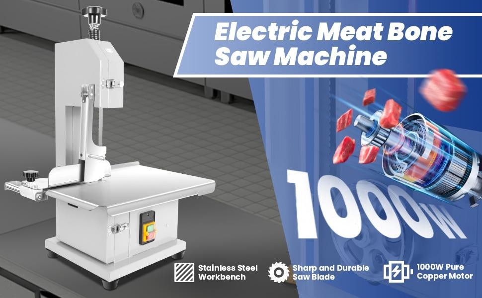 1000W Electric Bone Saw Machine w/19×14″ Worktable Frozen Meat Cutter w/8 Blades