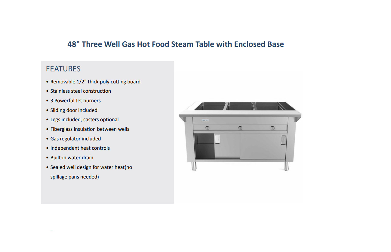 Prepline GSTC48-3S, 48″ Three Well Gas Hot Food Steam Table with Enclosed Base