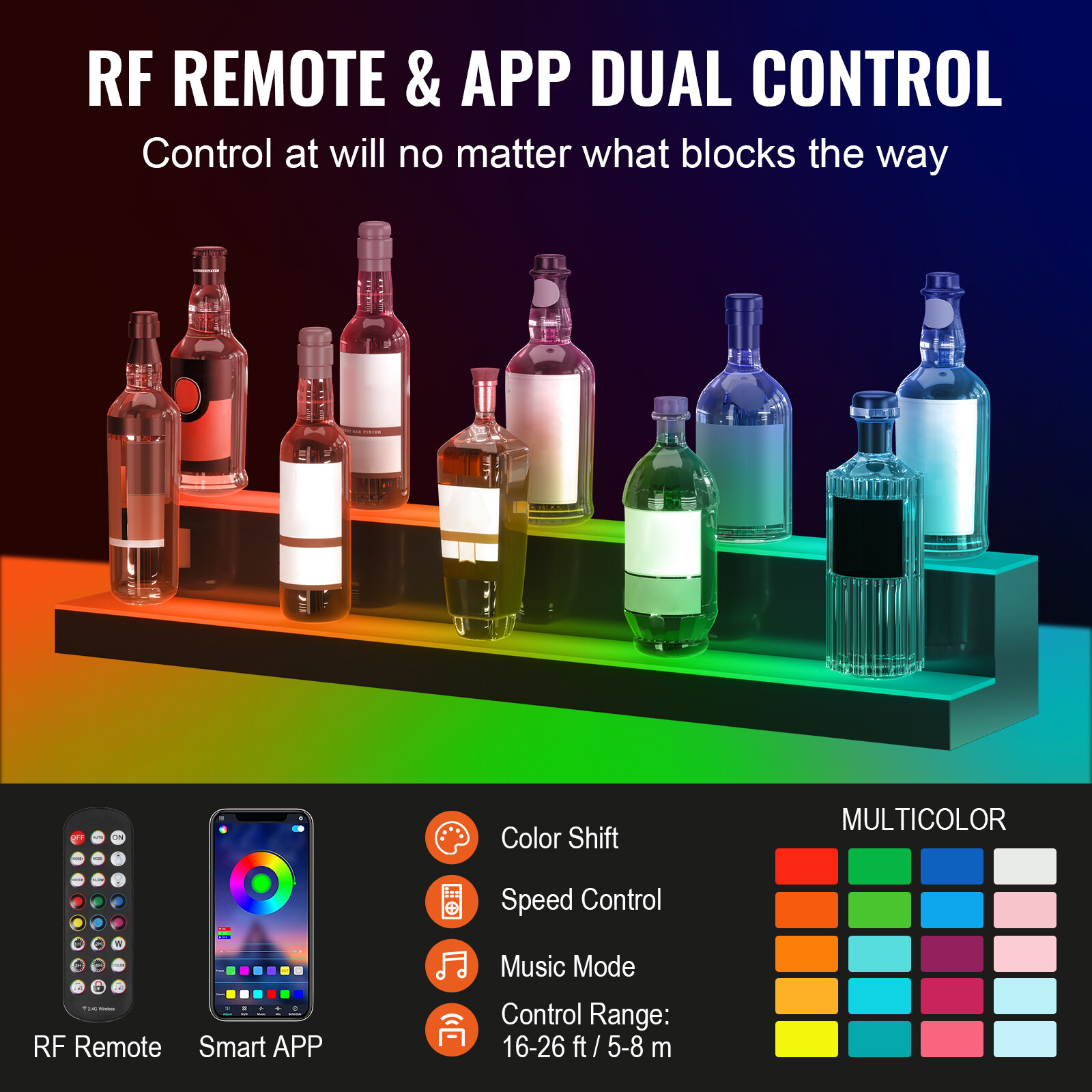 VEVOR LED Lighted Liquor Bottle Display Bar Shelf RF & App Control 40″ 2-Step