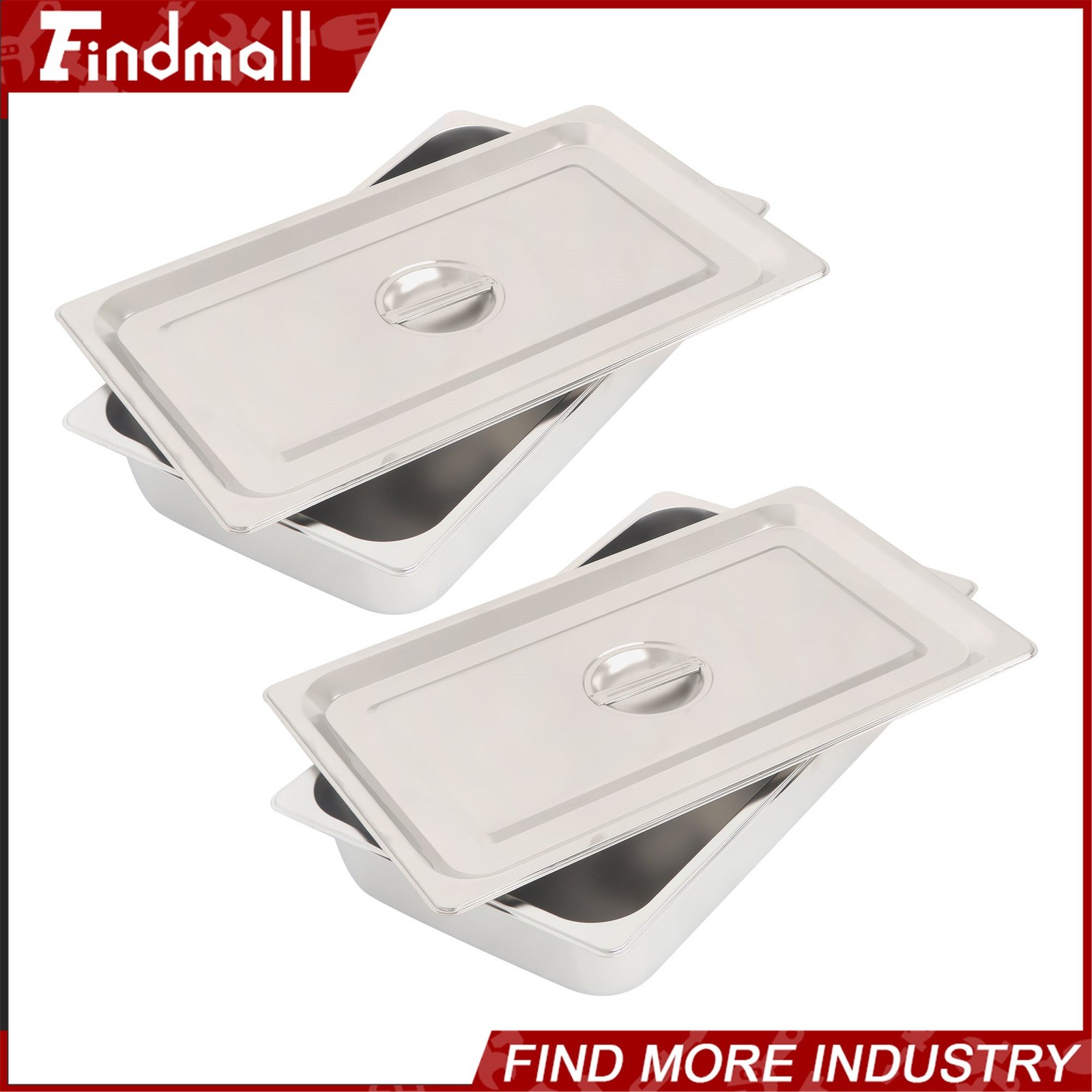 Findmall 2 Pack Stainless Steam Hotel Pan with Lid, 1/1 Size 4 Inch Deep