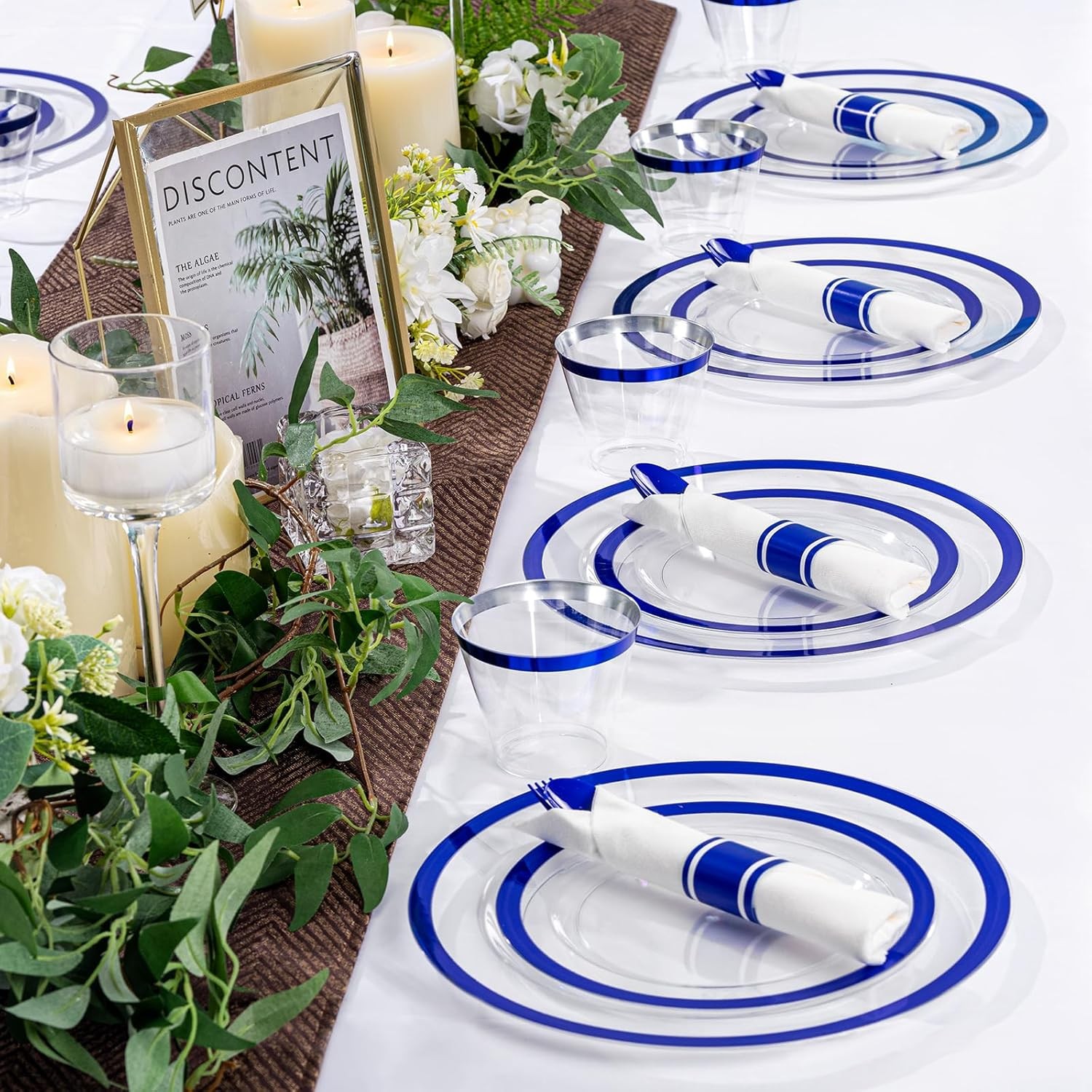 210 Pcs Dark Blue Plastic Plates, Clear Disposable Plates for 30 Guests, Blue