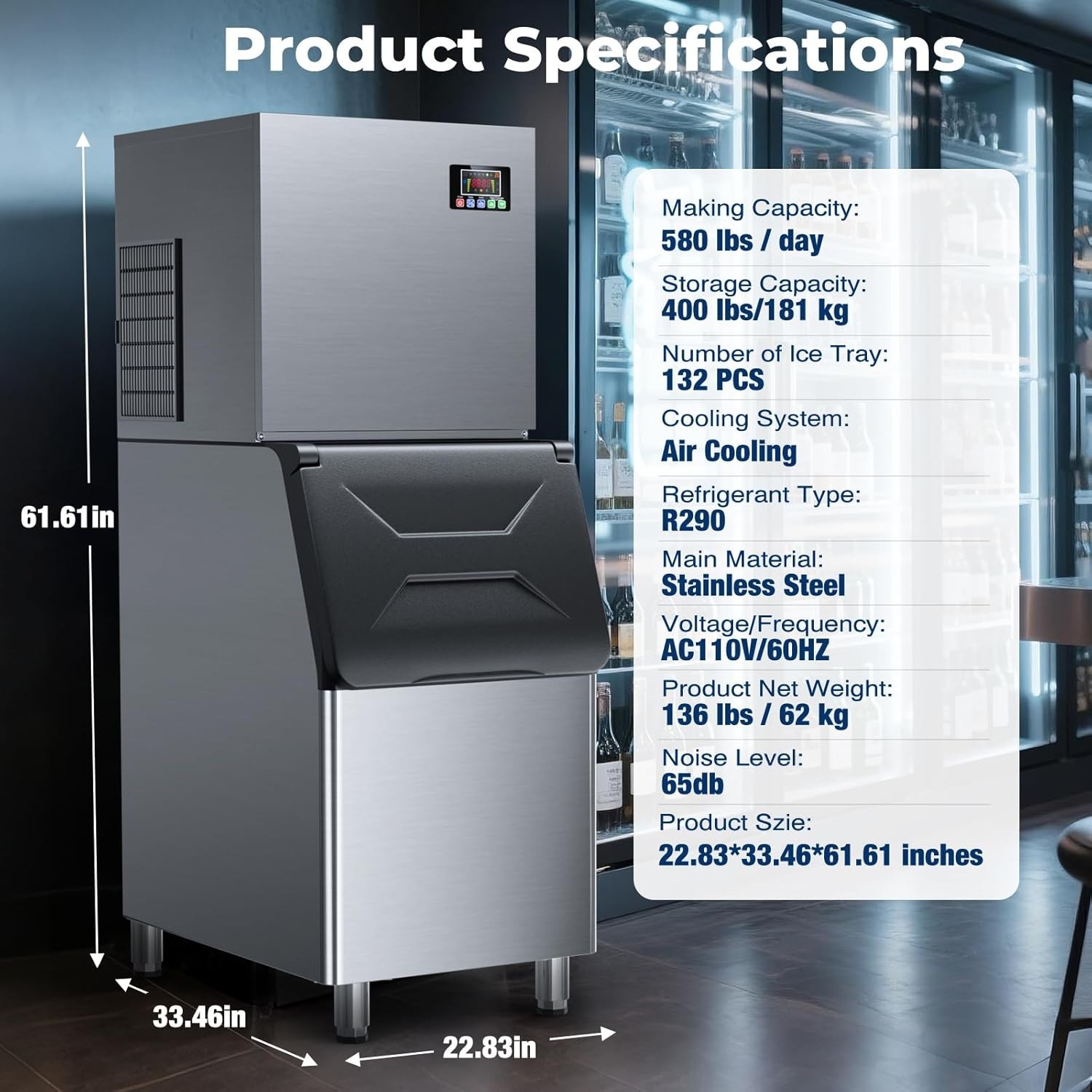 Commercial Ice Maker Machine 580LBS/24H, 400lbs Storage Bin, Auto Self-Cleaning