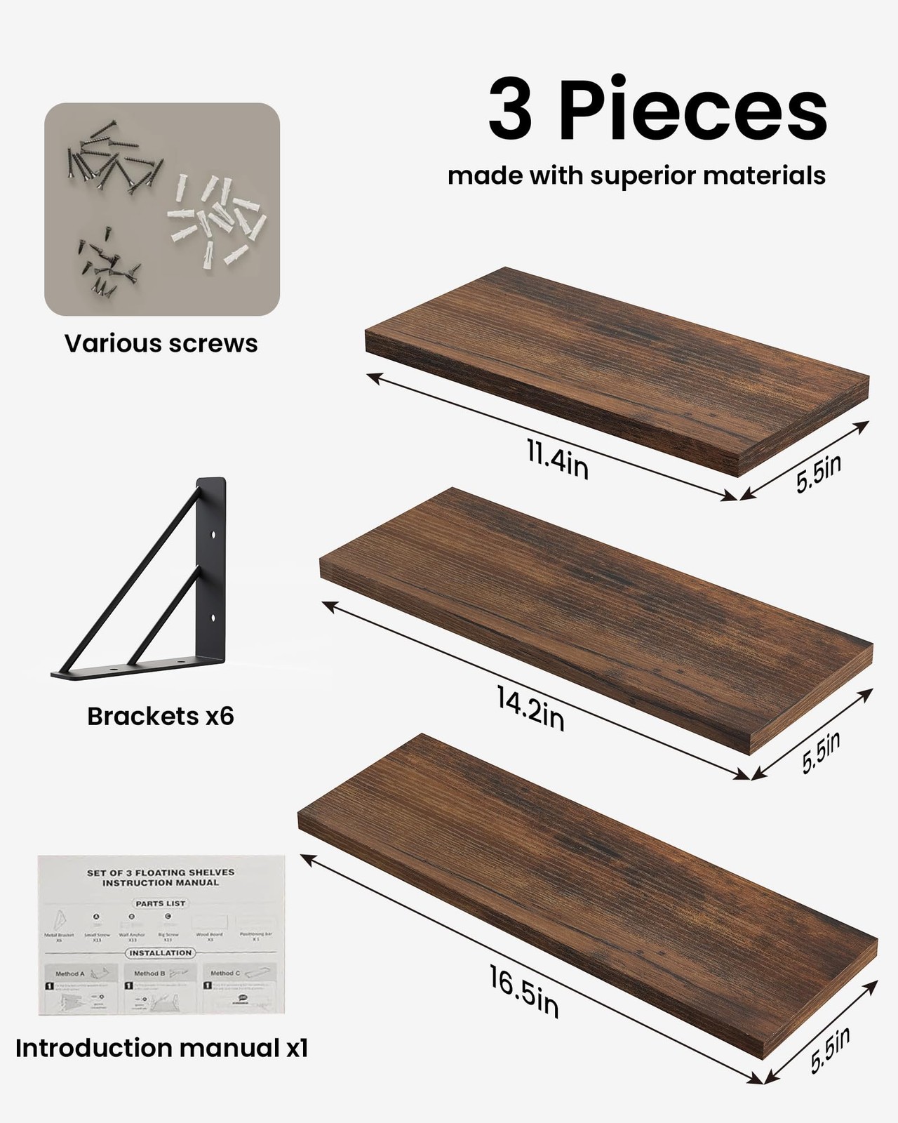 BAYKA Wall Shelves for 16-inch Mixed, C. Rustic Brown Board & Black Brackets