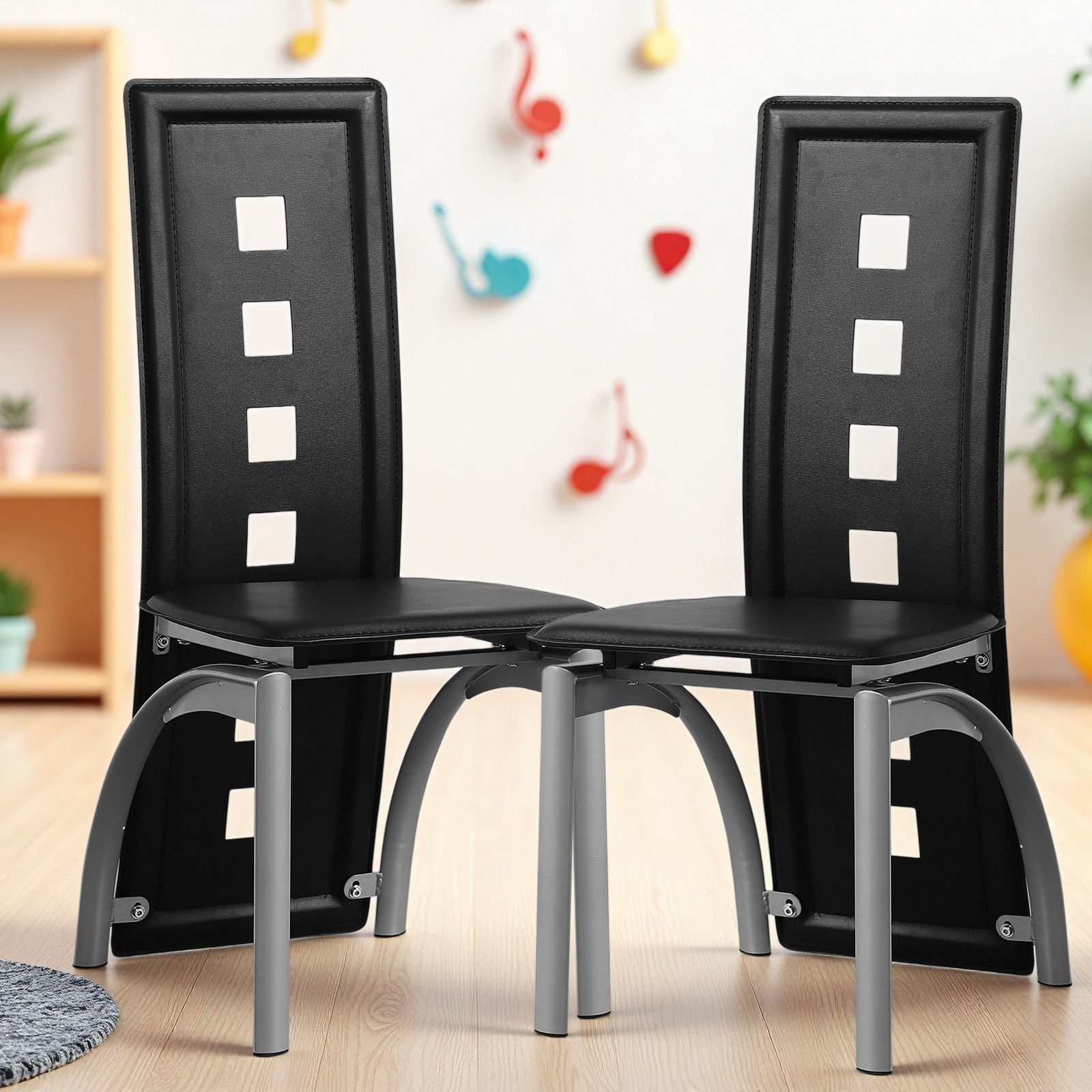 4pcs Dining Chairs – PU Leather, High Back Square Cutout Design & Chrome Legs