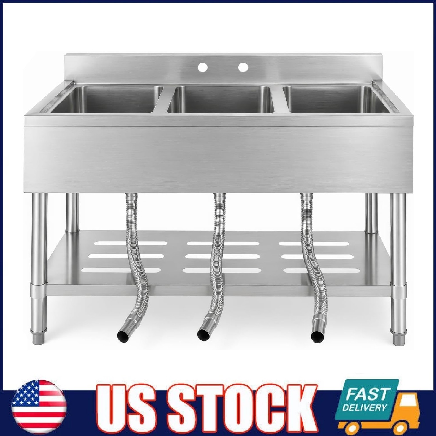 Commercial Kitchen Sink ,Freestanding 3-Compartment Stainless Steel Utility Sink