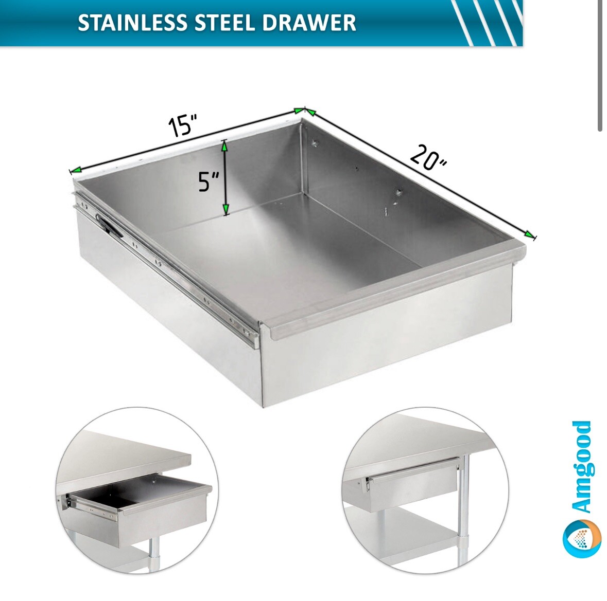 Stainless Steel Drawer for Work Table -15″ x 20″ x 5″ – Heavy Duty