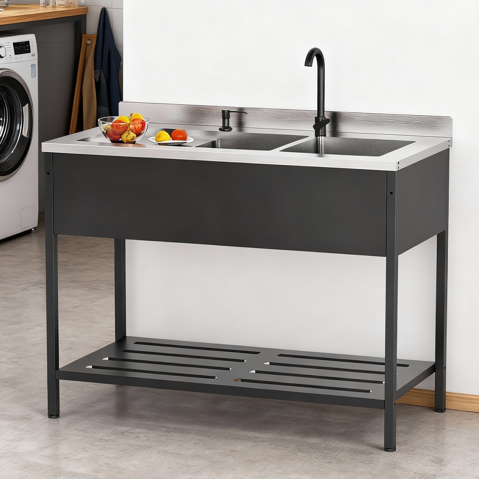 Heavy-Duty Stainless Steel Double Bowl Utility Sink, 47.5″D x 24″W x 38.9″H New