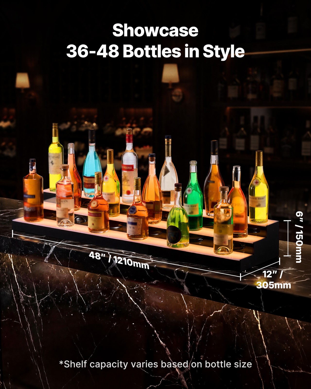 VEVOR LED Lighted Liquor Bottle Display Home Bar Shelf 3 Tiers 48 inches Acrylic