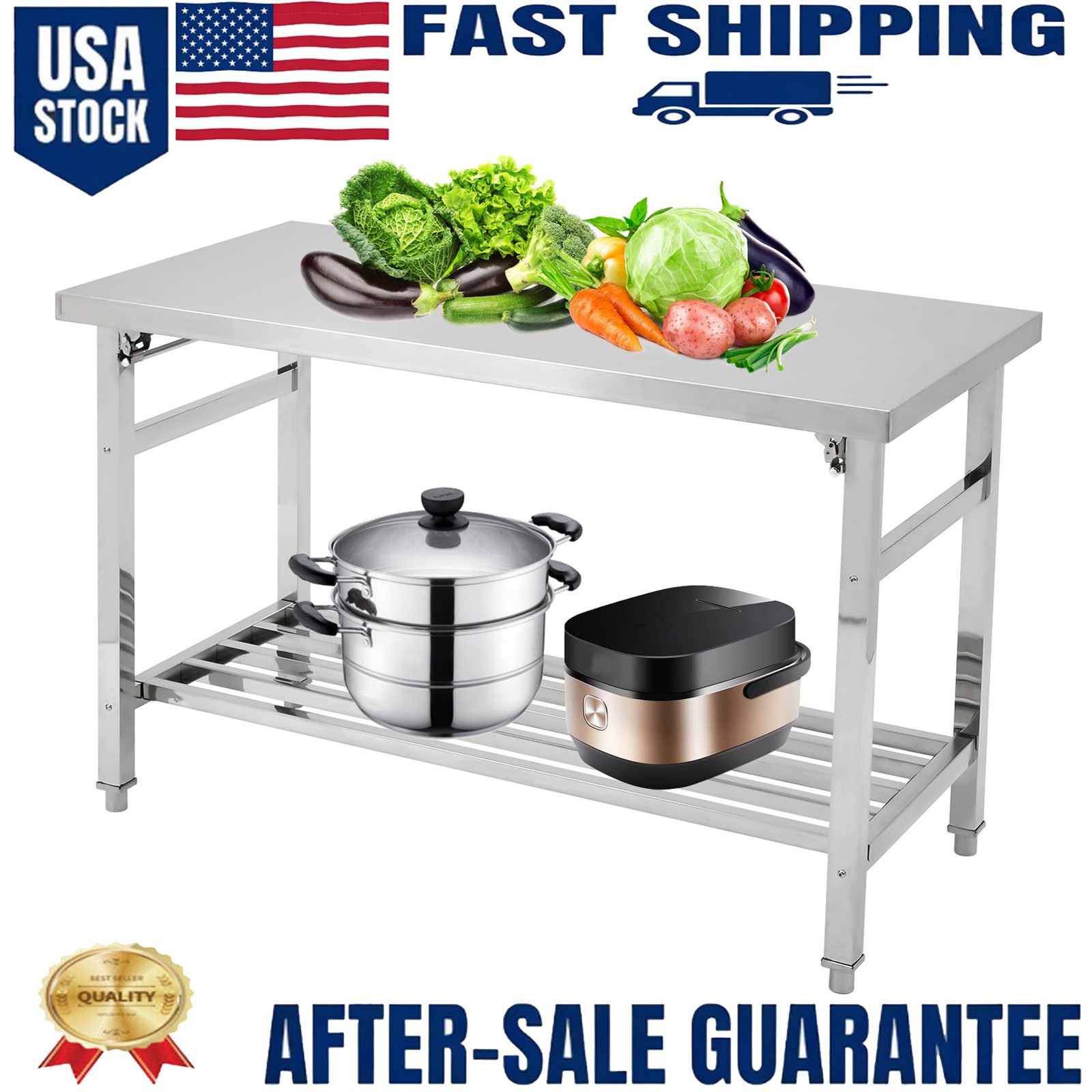 Stainless Steel Work Table Folding Prep Table Adjustable Undershelf Table