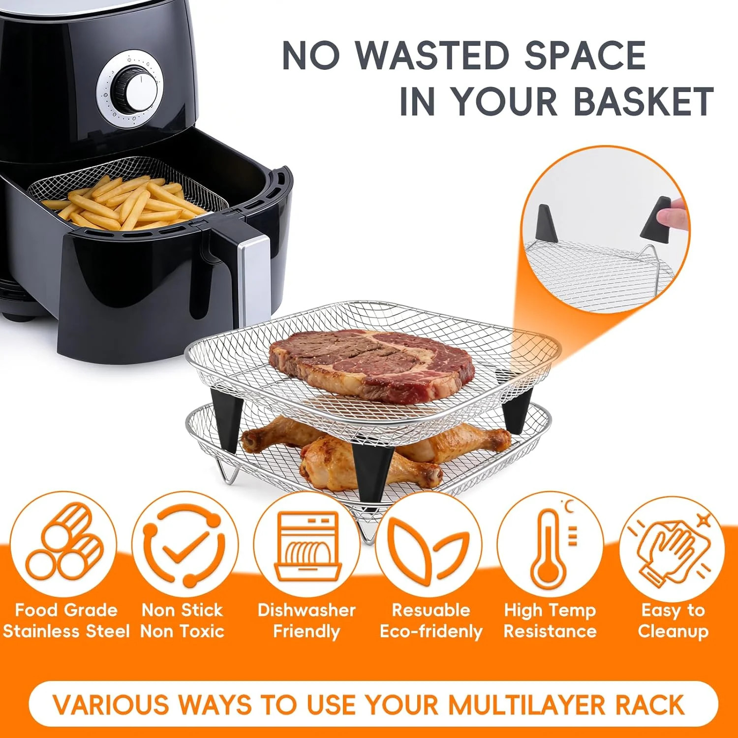 8 Inch Square Air Fryer Rack Set,Dual-Layer 304 Stainless Steel Cosori Ninja Air