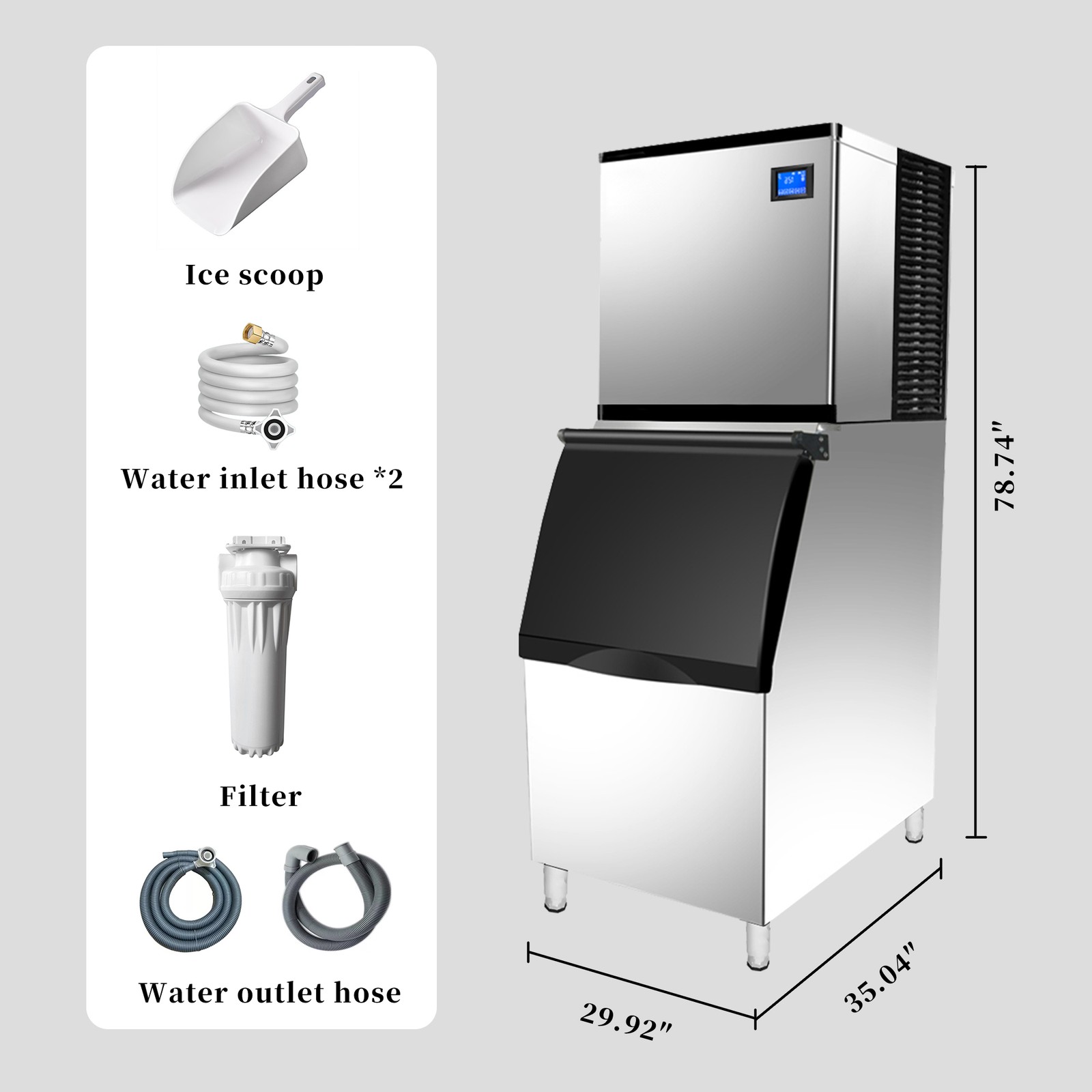 1000lbs/24H Ice Machine w/ 639lbs Storage Bin Automatic Cleaning Ice Machine