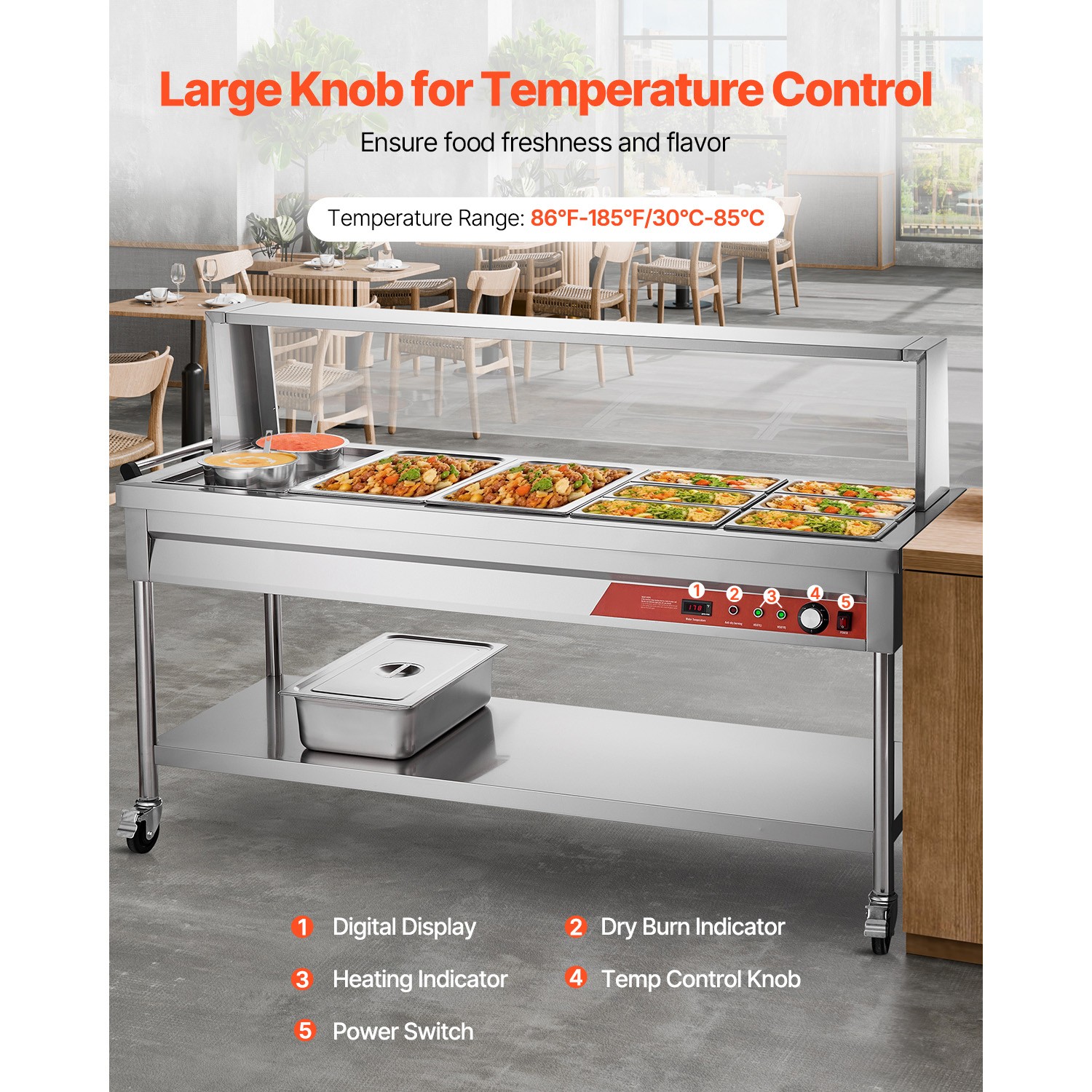 Uimoso Commercial Steam Table with 8 Pans, 2 Pots, Undershelf, and Shield