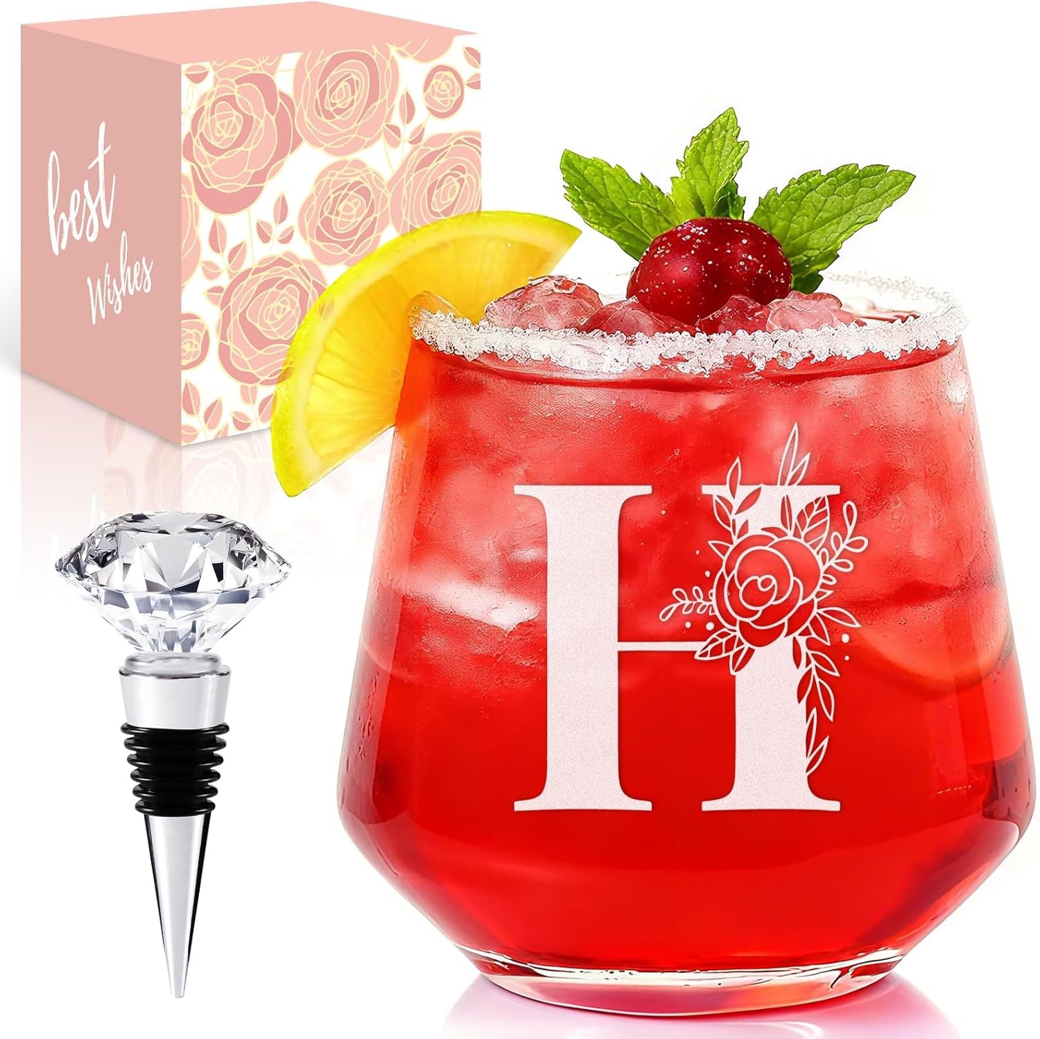 Personalized Wine Glass for Women, Stemless Monogram Wine Glass with A–Z Initial