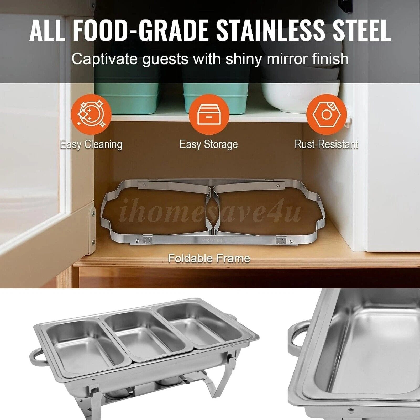 3 Pan Food Warmer Stainless Steel Buffet Set Food Pan Catering Chafer with Lid