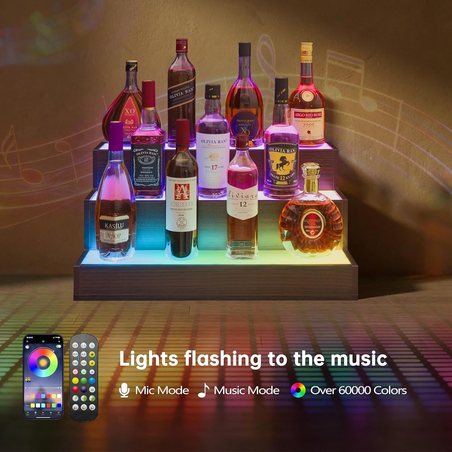 LED Liquor Bottle Display Shelf 24 Inch Walnut Modern 3 Tier Bar