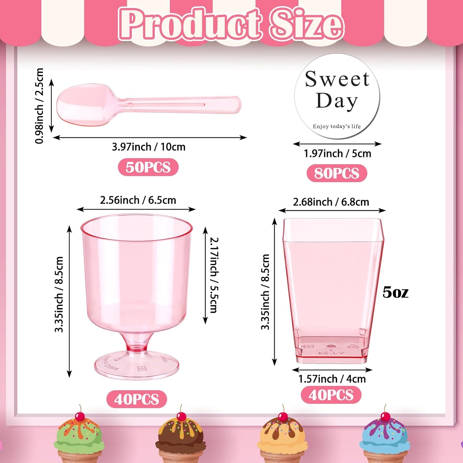 210 Pcs Mini Dessert Cups with Spoons Pink Clear Pastic Dessert Cups 5 oz,