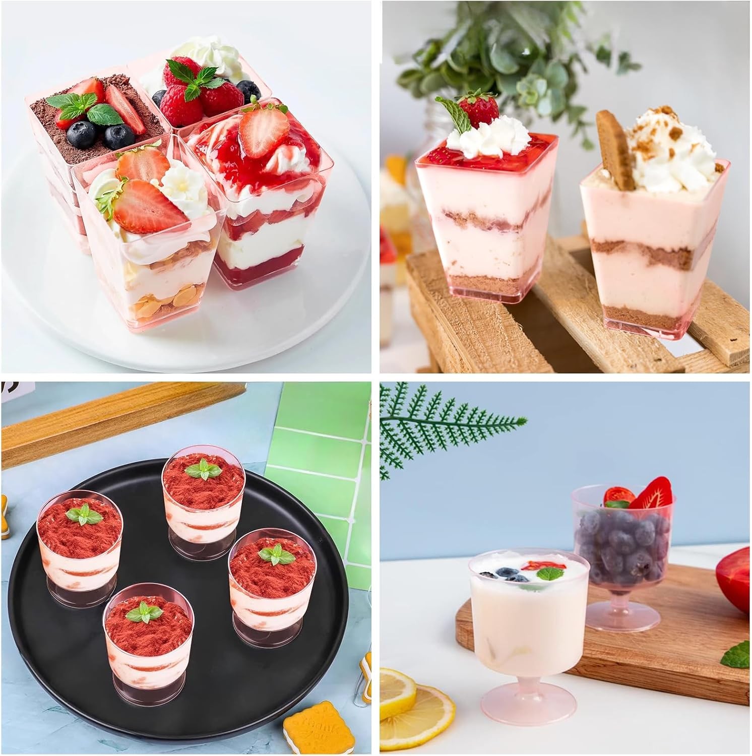 210 Pcs Mini Dessert Cups with Spoons Pink Clear Pastic Dessert Cups 5 oz,
