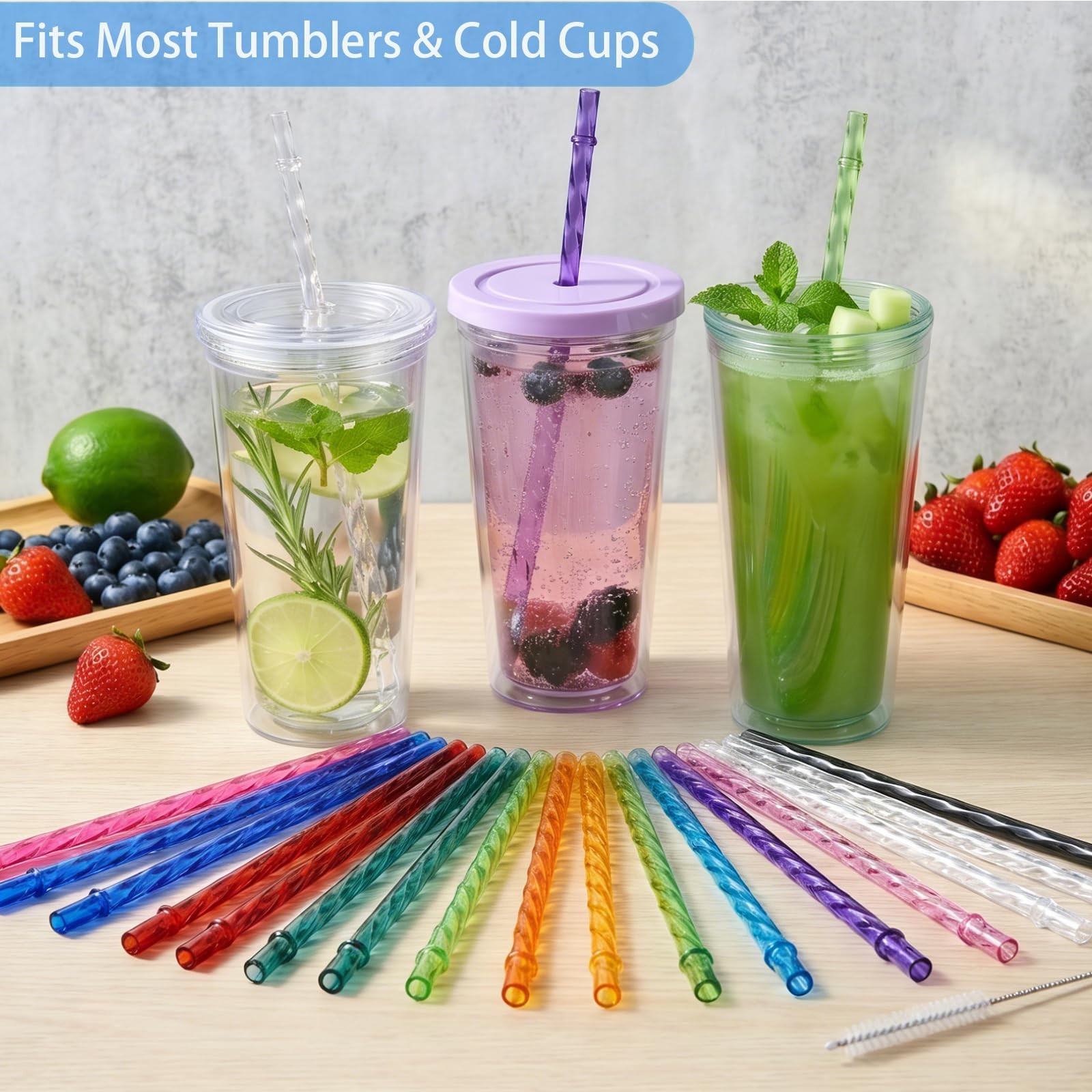 24 Pack Reusable Plastic Clear Swirl Straws, 11″ Long 11in, swirl-12 colors