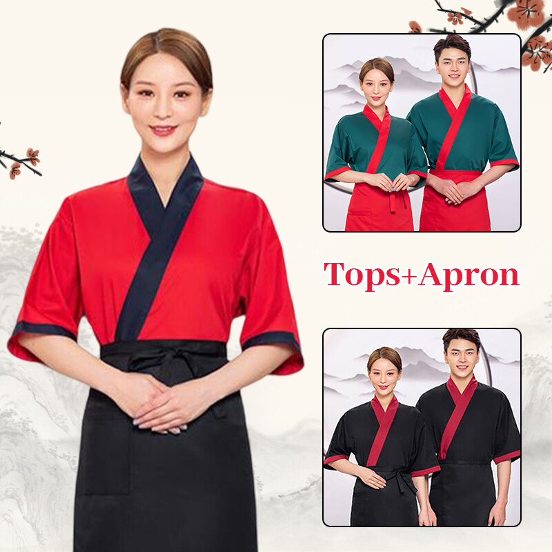 Japanese Unisex Cook Uniform Medium Sleeve Kimono Chef Sushi Restaurant Overalls