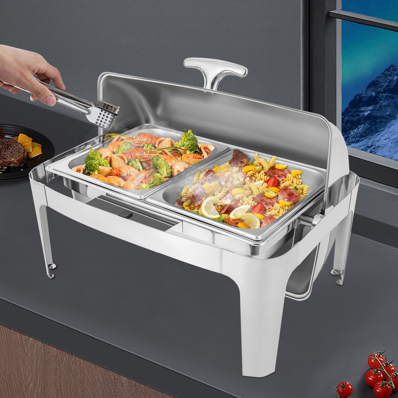 9.54QT Stainless Steel Chafer Buffet Chafing Dish Set Roll Top Food Warmer