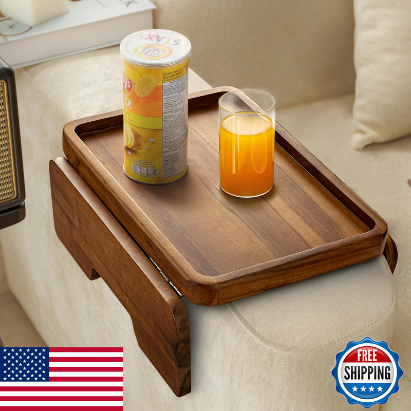 Holana Acacia Wood Sofa Armrest Tray – 13.75 X 9.5In Double Hinge Sofa Arm Tray