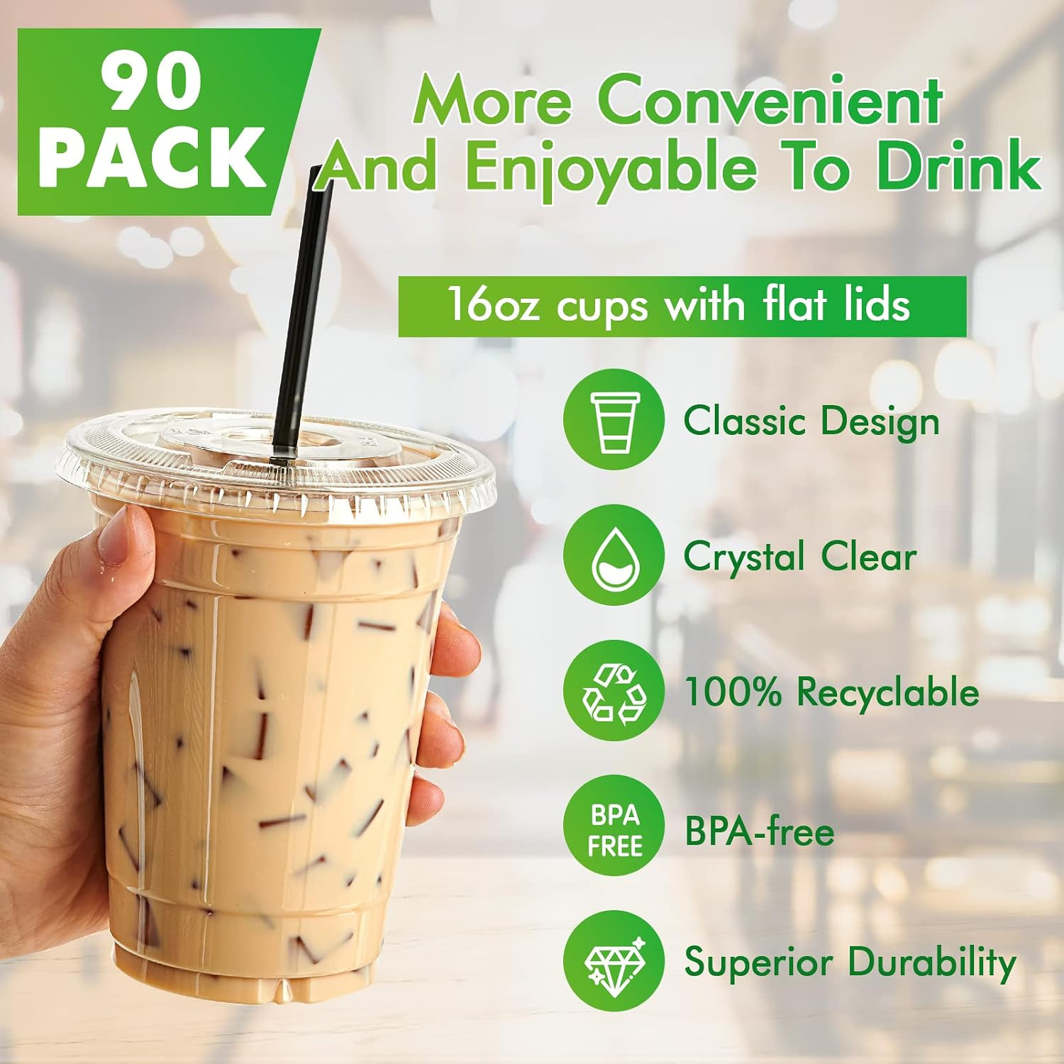 Lilymicky 90 Sets 16 oz Clear Plastic Cups With Flat Lids, 16 Ounce Disposable D