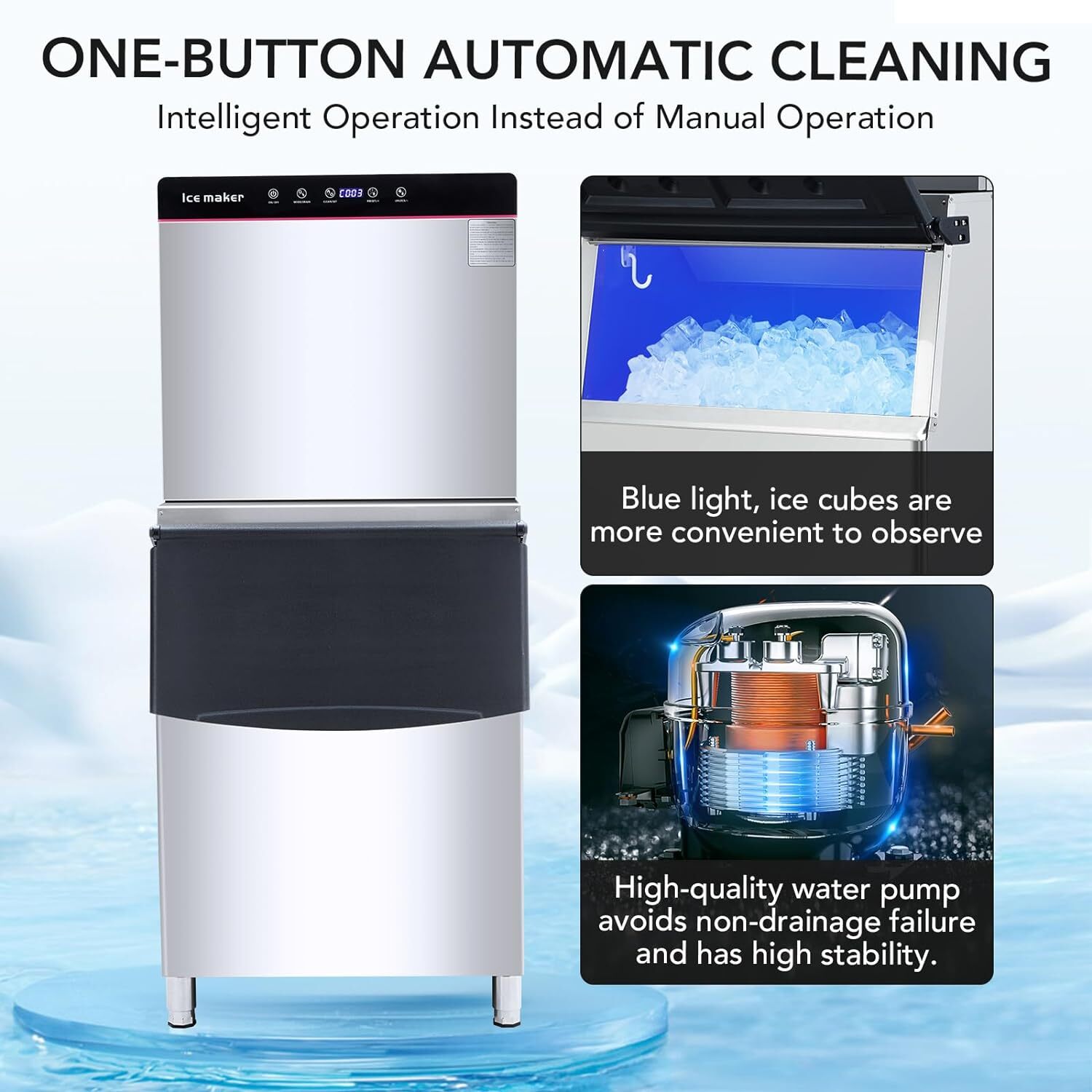 550LBS/24H Smart Commercial Ice Maker Machine With 300LB Storage Bin & LED Panel