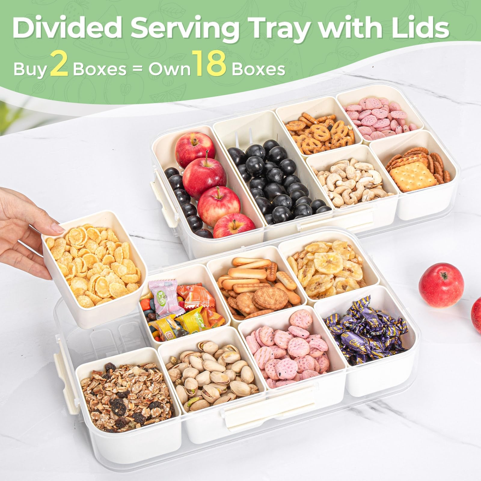 LUXEAR 2Pack 8-Compartment Snackle Box – Airtight Leakproof Divided Food Tray wi
