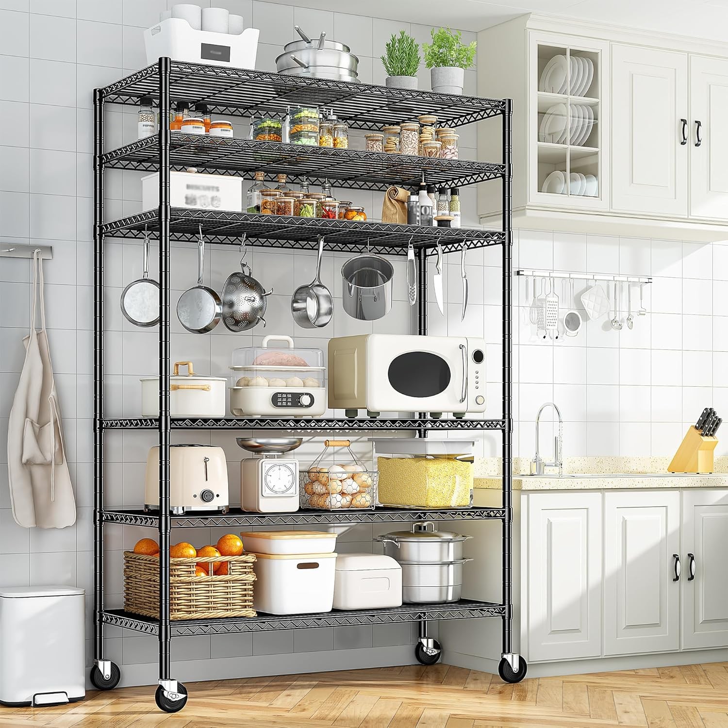 82″H X45″W X18″D Storage Shelves with Wheels, 6 Tier Wire Shelving Adjustable