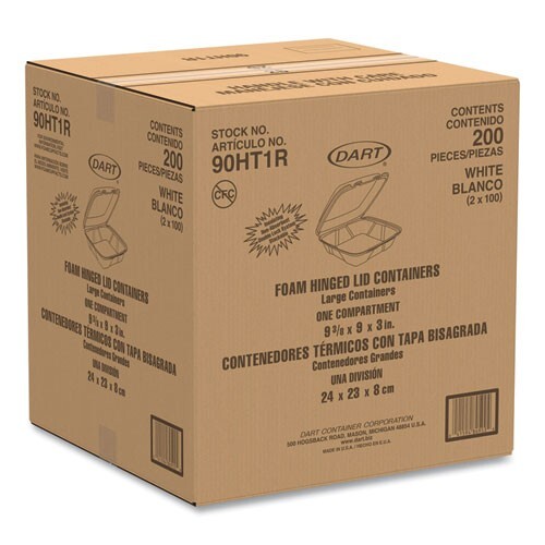 Dart 90HT1R Foam Hinged Lid Containers, 9.01×9.4×3.1, 200/CT, CA & WA Restricted