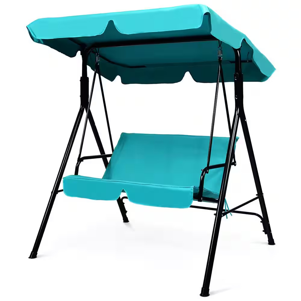 2-Person Metal Patio Swing with Blue Polyester Cushions