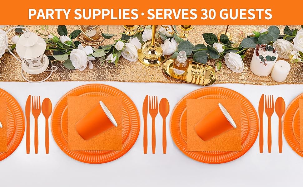 210pcs Orange Paper Plates Disposable Tableware Party Supplies- Includes 9″