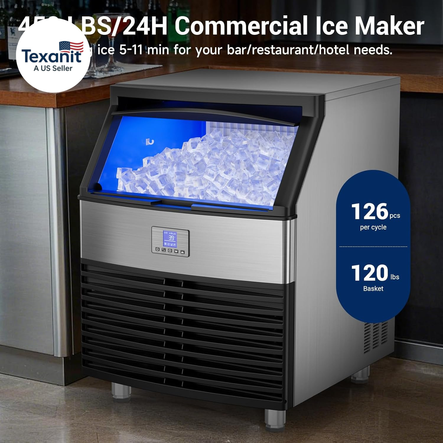 Commercial Ice Maker, 450LBS/24H Ice Machine Commercial with 120 LBS Storage, Ic