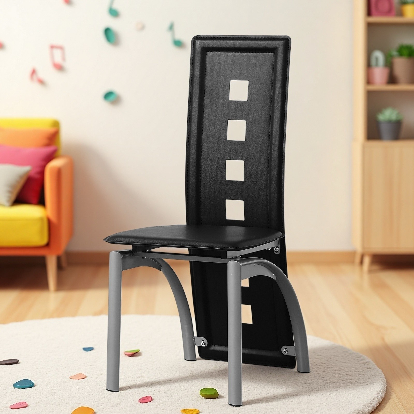 4pcs Dining Chairs – PU Leather, High Back Square Cutout Design & Chrome Legs