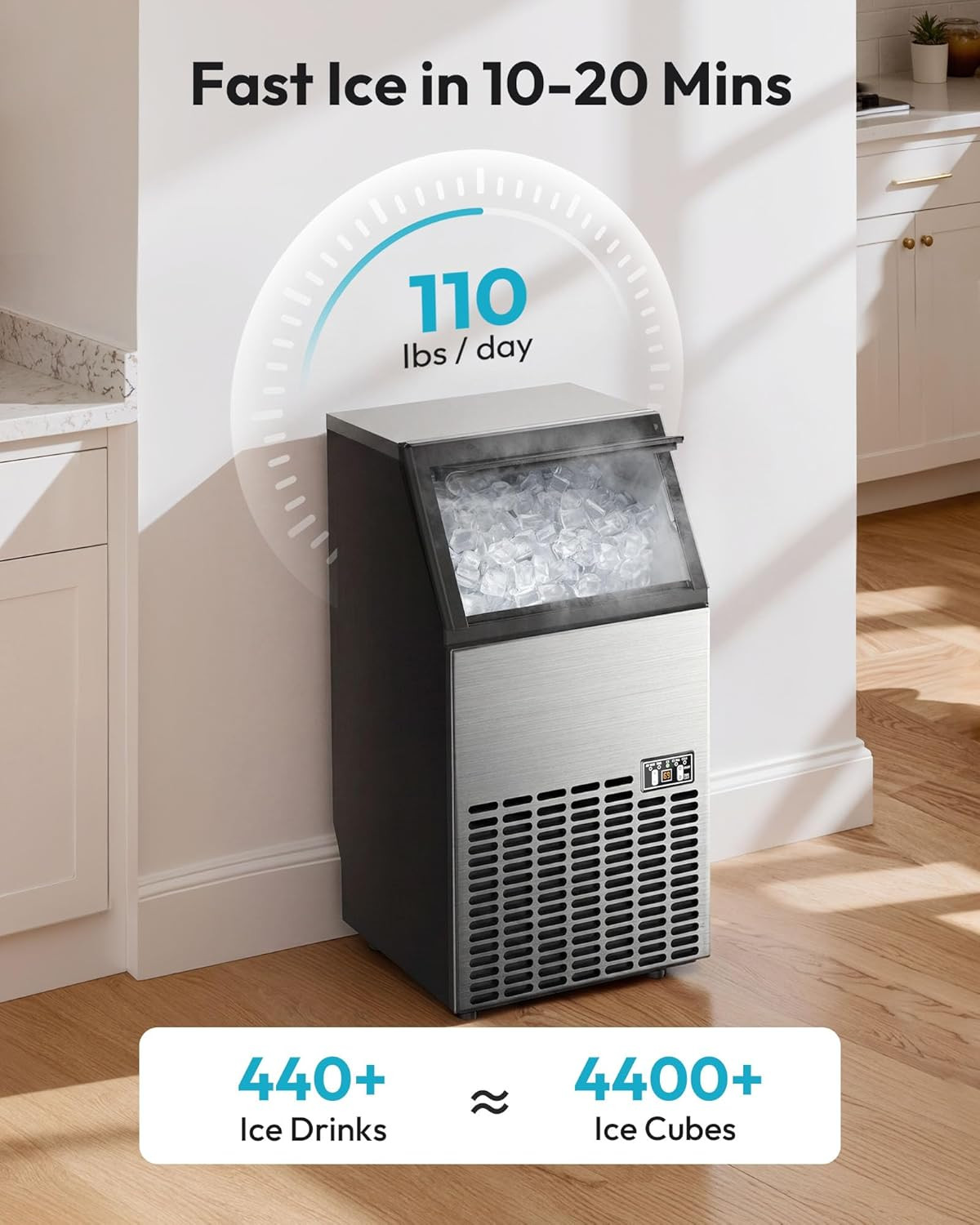 Stainless Steel Ice Maker – 110Lbs Daily, 33Lbs Storage for Home & Bar