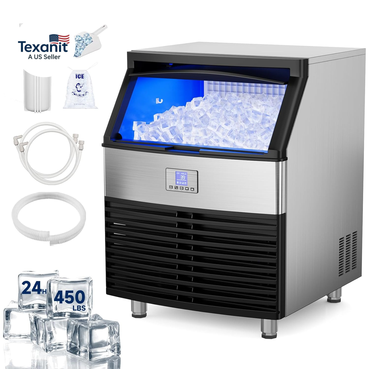 Commercial Ice Maker, 450LBS/24H Ice Machine Commercial with 120 LBS Storage, Ic